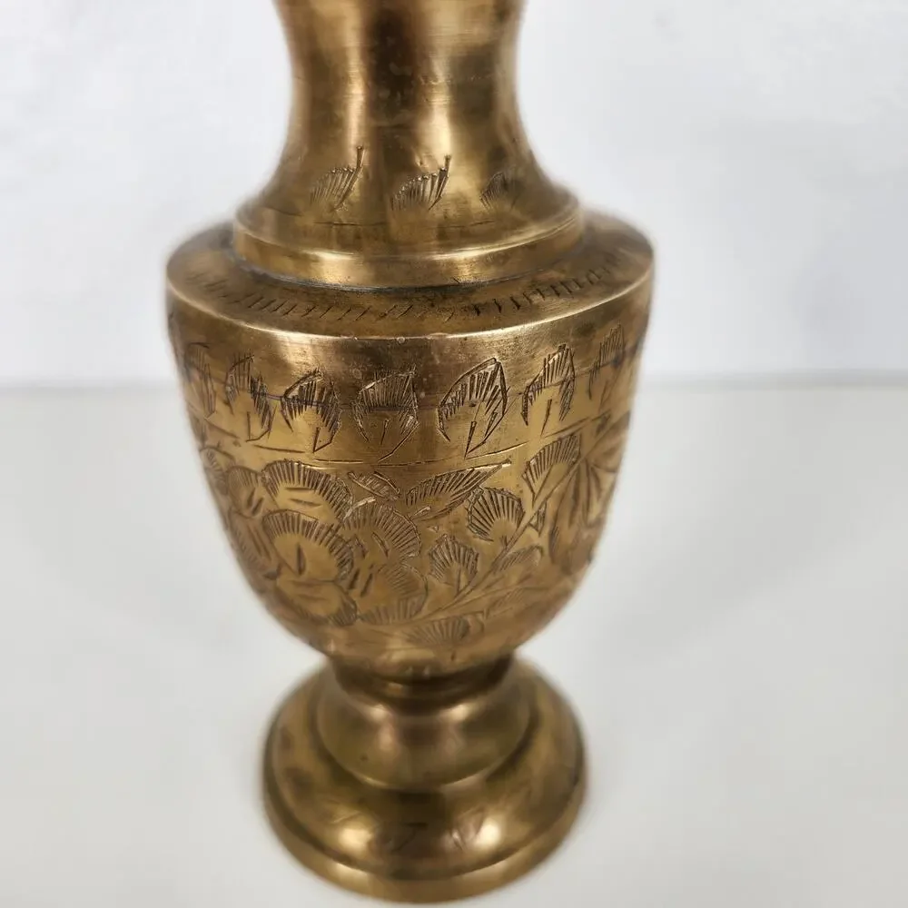 VTG Etched Brass Bud Vase Floral Design Made in India Boho Mediterranean